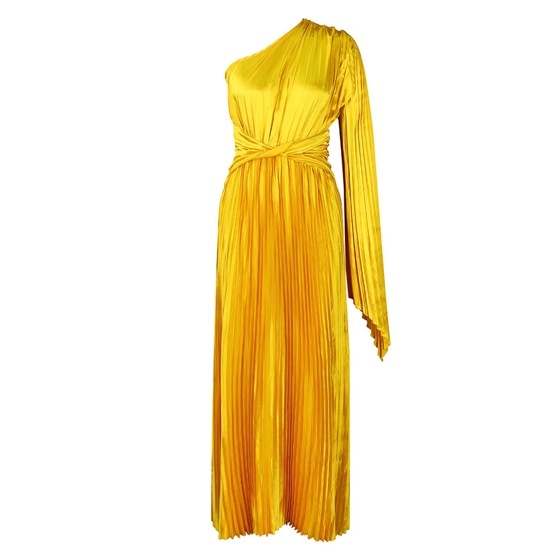 women's clothing new one-shoulder pleated long skirt oblique collar waist dress _voghion.com