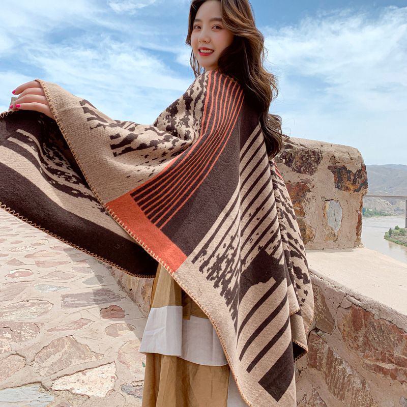 Nouveau grand châle pour femme en automne et en hiver, enveloppe chaude, manteau en tricot de style ethnique, cape photo de voyage Xizang_voghion.com