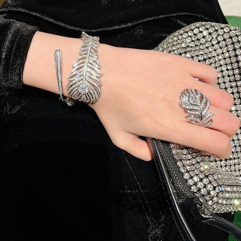 Designer's Alloy Sweetheart Feather Water Drop Gem Bracelet Star River Shining Teardrop Feather Zircon Ring Set_voghion.com