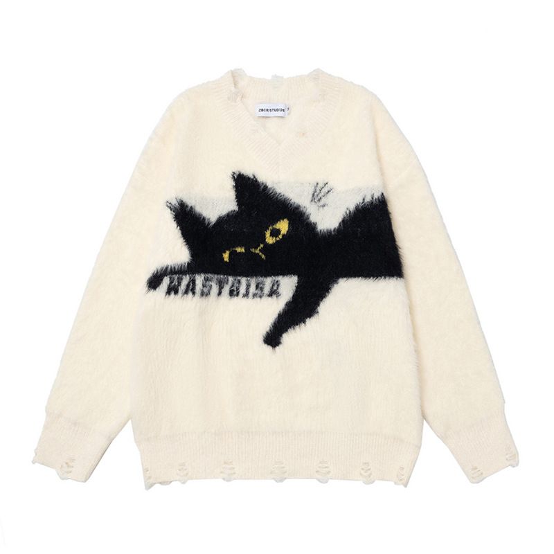Katzenstickerei Mohair Weicher Rundhalspullover für Männer, Lockere Passform, Herbst Winter, Paar Lazy Stricktop,_voghion.com