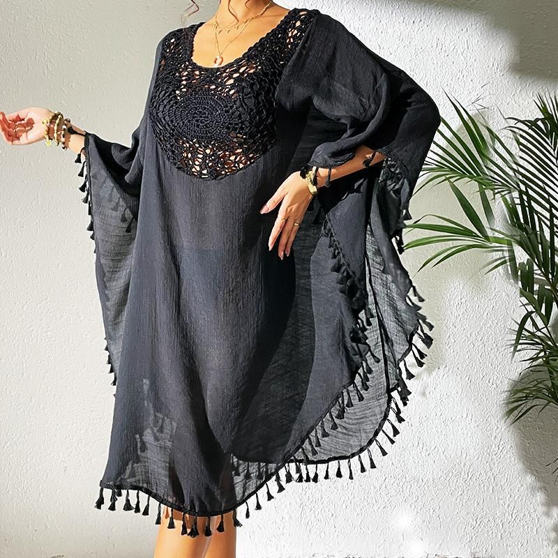 Crochet-Trimmed Polyester Beach Cover-Up – Flowy & Sexy Bikini Wrap For Vacation & Swim (One Size) – Lightweight & Stylish_voghion.com