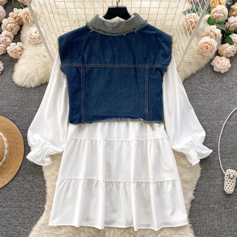 populära tvådelade kostymer, koreanska damkläder, designjacka i jeansväst, mångsidig babydollkjol, fashionabla tvådelade kostymer_voghion.com