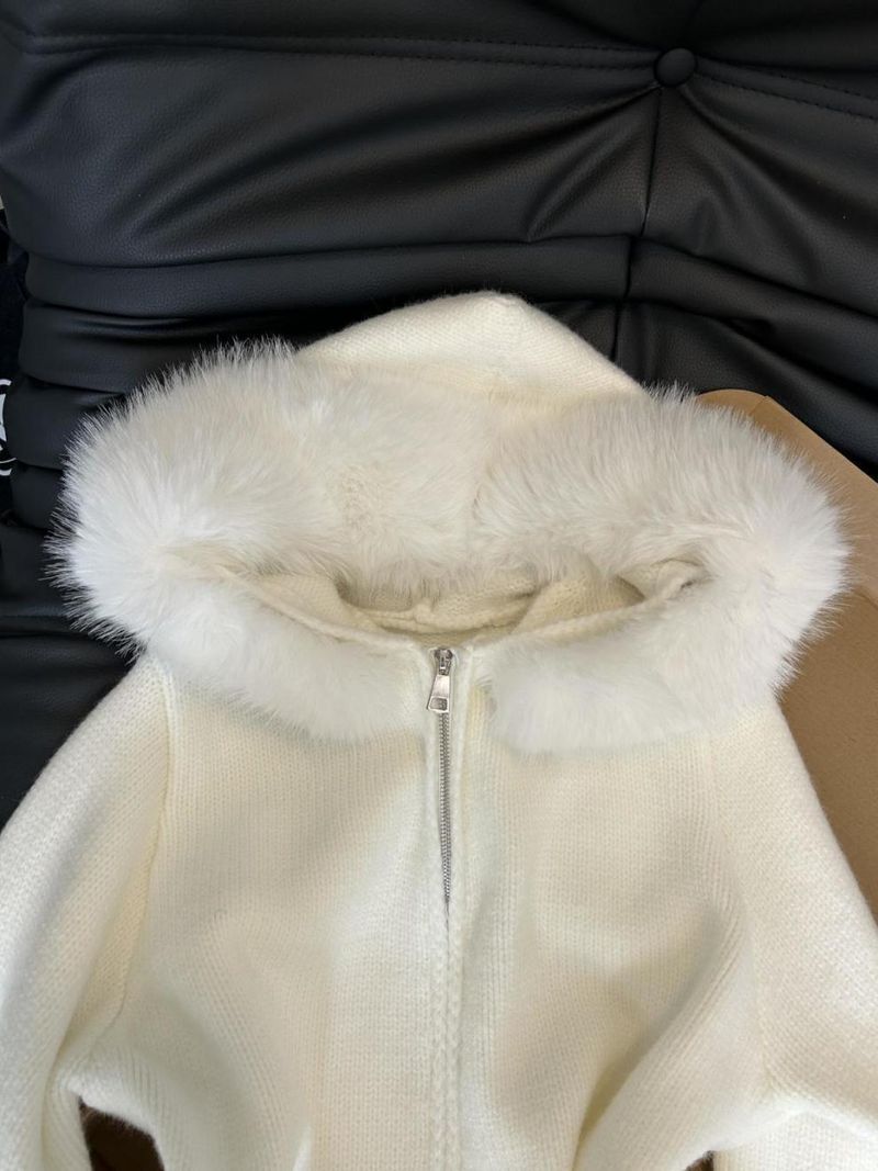 Oversized vest met capuchon en rits – Wintertrui van acrylbreisel met imitatiebont (S-XL, wit) – Boho-chique jas met open voorkant_voghion.com