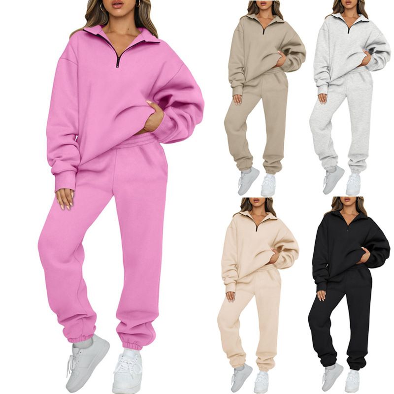 2023 New Women's Solid Color Pocketless Sweater Pants Sweatshirt Set_voghion.com