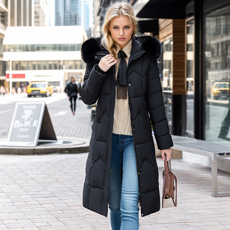 Giacca imbottita in cotone di grandi dimensioni alla moda da donna lunga versione coreana vita sopra il ginocchio giacca imbottita in cotone con collo in pelliccia grande ispessita_voghion.com