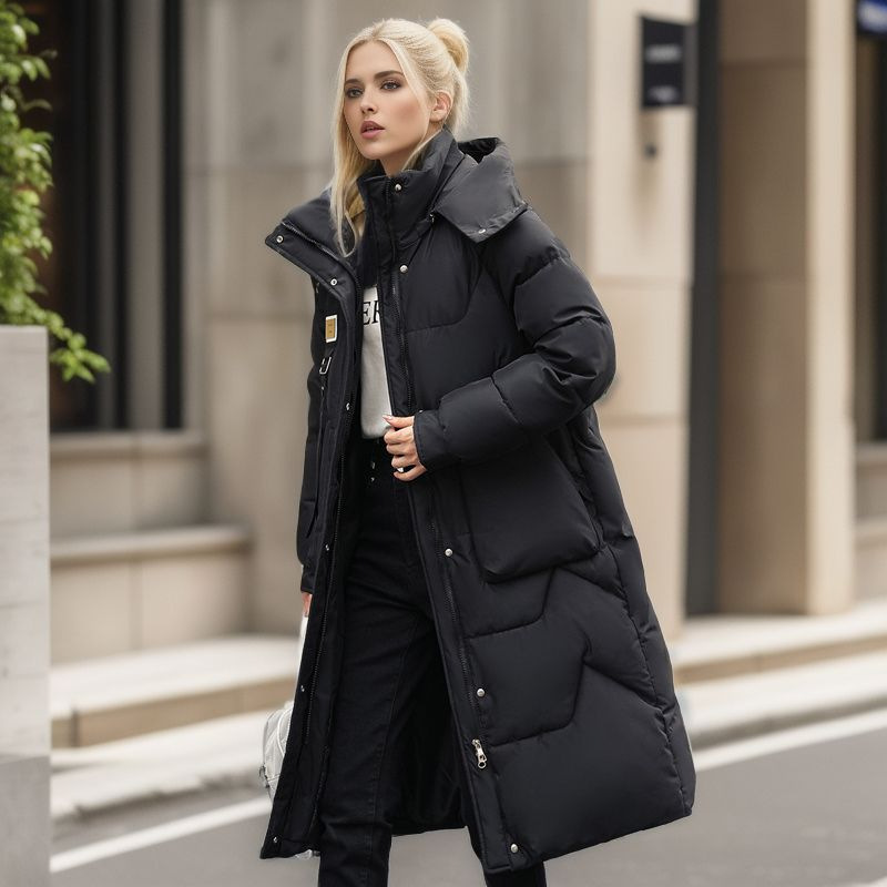 Damen Steppjacke mit abnehmbarer Kappe, mittellang, über dem Knie, verdickte warme Jacke_voghion.com