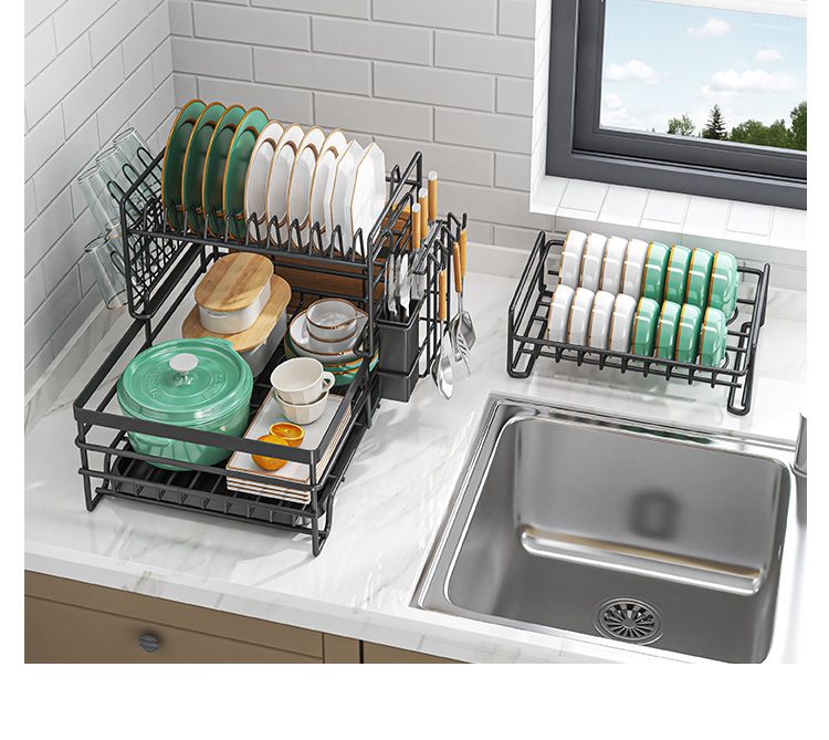 Kitchen Bowl Rack Household Anti-rust Countertop Double-layer Draining Bowl Rack Multifunctional Bowl Storage Rack_voghion.com