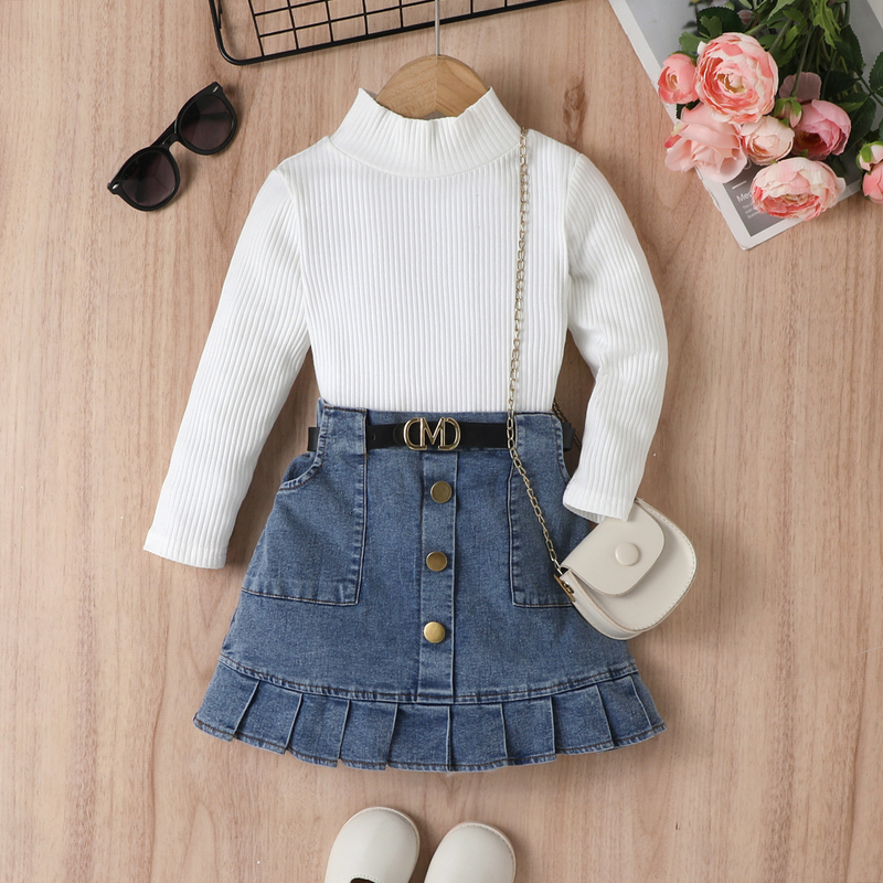 Kinderkleid Mädchen Einfarbig Weste Langarm Top Denim Offene Tasche Faltenrock Anzug_voghion.com
