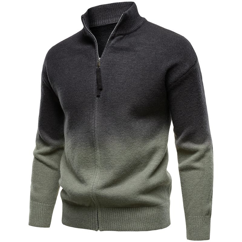 Men's Clothing Stand Collar Zipper Men's British Style Gradient Color Zip-Up Knit Sweater With Stand Collar, Casual Pullover For Autumn & Winter_voghion.com