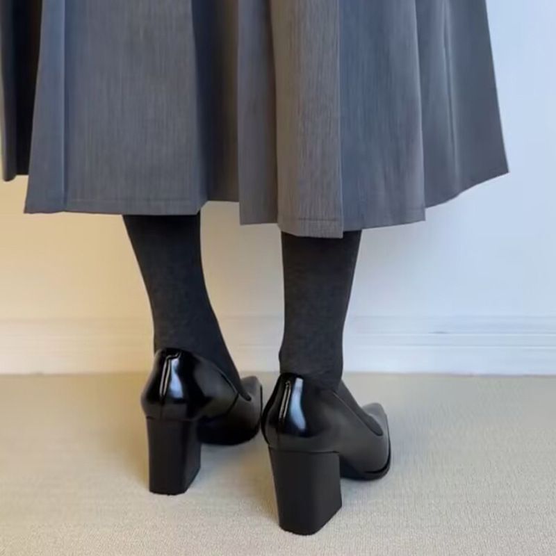 Sheepskin~ Pointed Toe Chunky Heel Elegant Comfortable Women's Shoes 2025 New Commuter Vintage Black High Heels_voghion.com