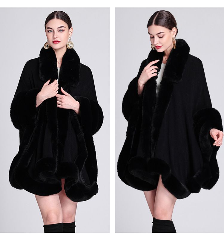 Pelerină cu guler de blană, cardigan tricotat lejer, mărime plus, pelerină pentru femei_voghion.com