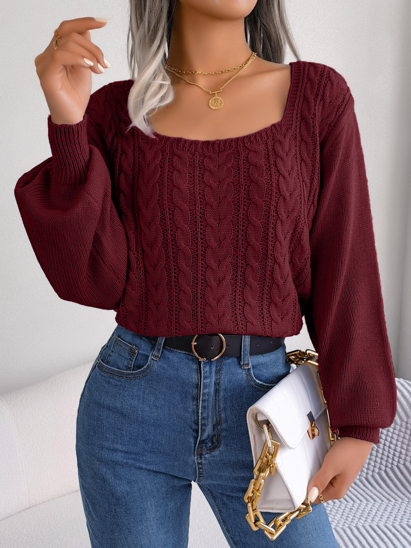 Maglione pullover casual con scollo quadrato e maniche a lanterna in maglia a trecce, moda femminile per autunno e inverno_voghion.com