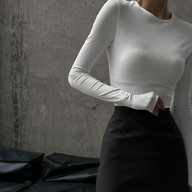 Abbigliamento da donna T-shirt a maniche lunghe slim fit da donna - T-shirt elasticizzata basica (bianca, S-L) Più venduta_voghion.com