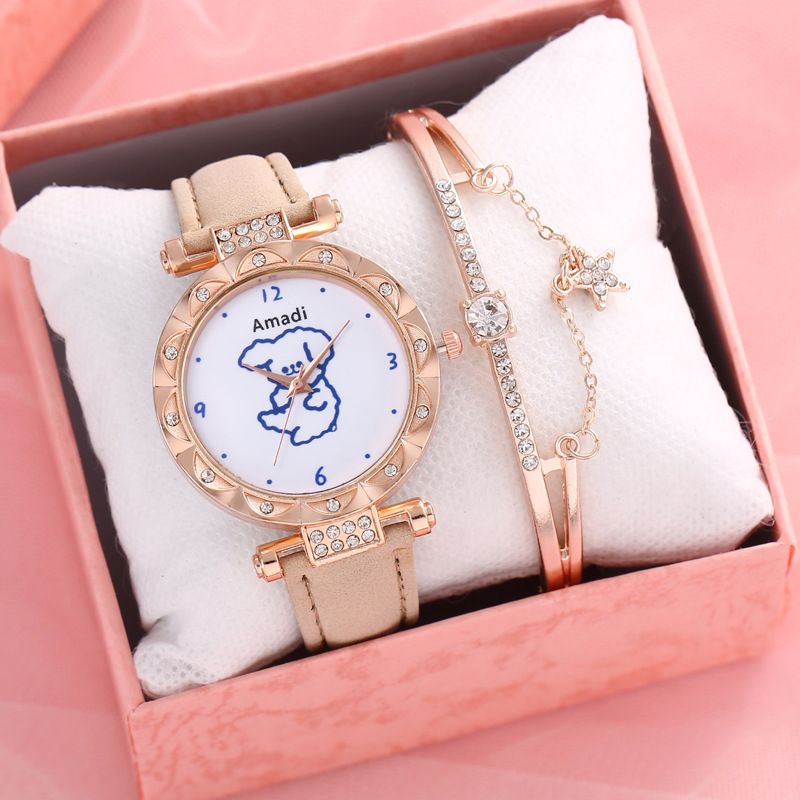 2024 2024 Amadi New Cute Bear Simple Cute Watch+bracelet Gift Box Women's Fashion Quartz Watch_voghion.com
