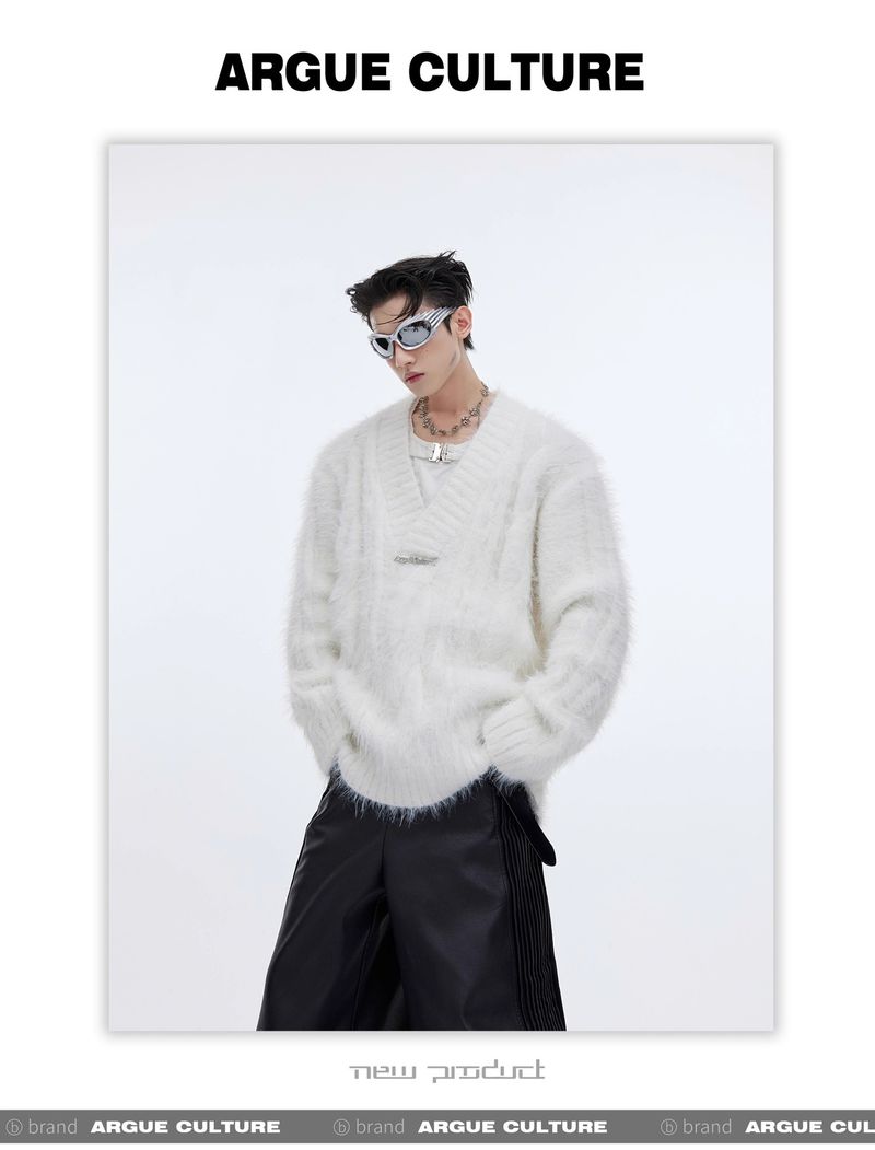 American Style Atmosphere Mink V-Neck Sweater Pullover For Men Autumn Winter Trendy Niche Loose Knitted Cardigan_voghion.com