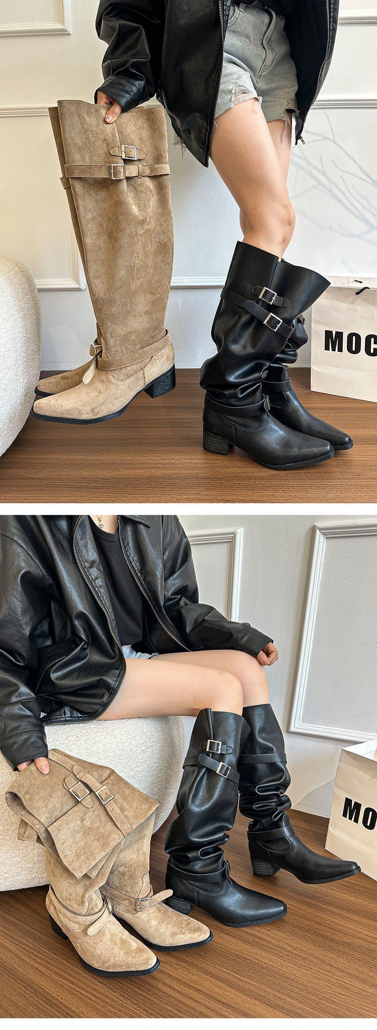 Schwarze kniehohe Stiefel mit dickem Absatz, Reitstiefel mit weitem Bein_voghion.com