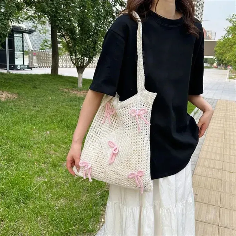 Preppy Style Crochet Tote With Butterfly Accents Solid Color Polyester Shoulder Foldable Fashion Beach Bag 250402_voghion.com