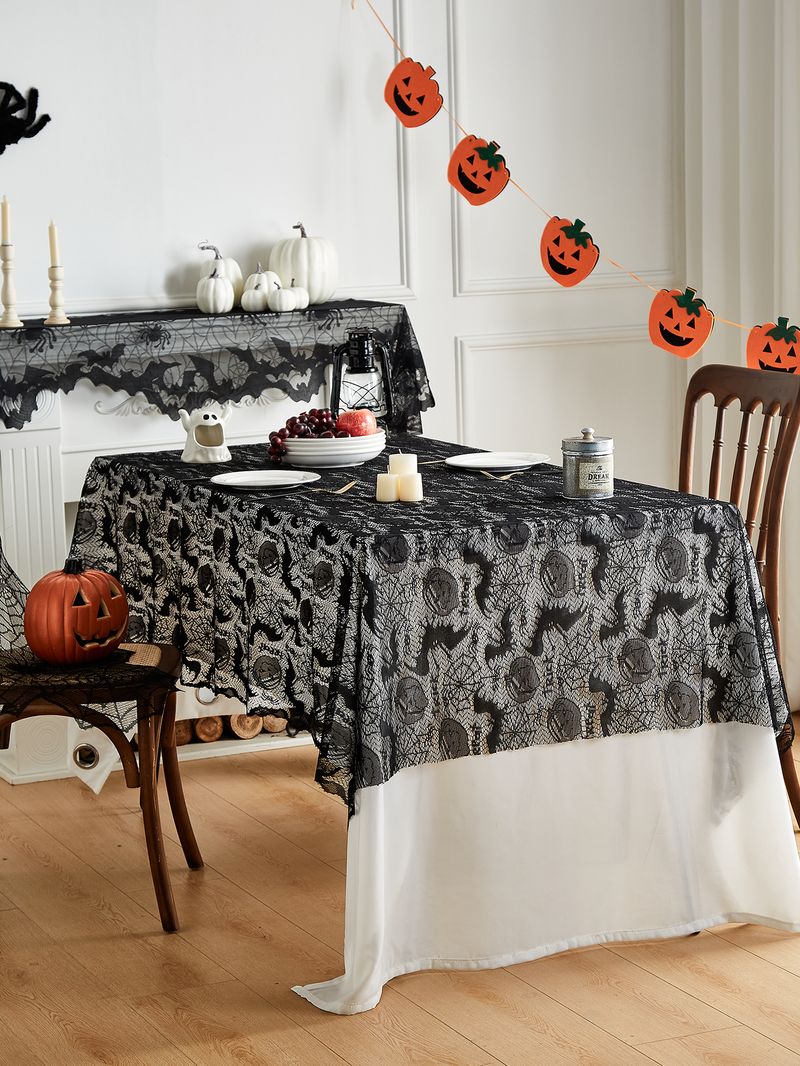 Halloween-Tischdecke mit gotischer Fledermausspitze – Polyester-Dekor im skandinavischen Stil für Esstisch, Buffet und Sideboard (schwarz, mehrere Größen)_voghion.com