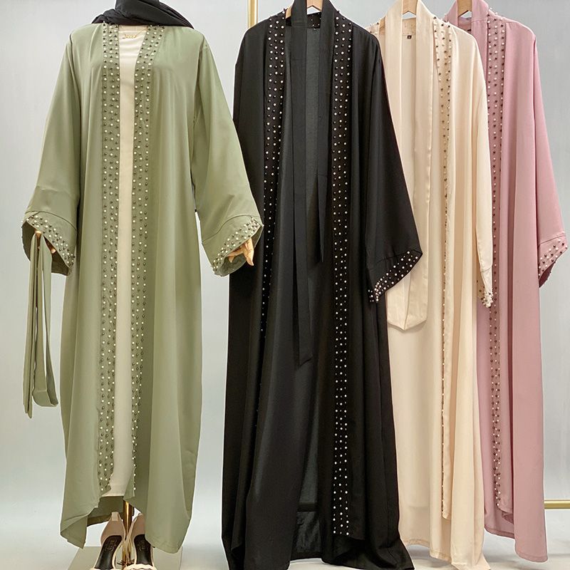 Neueste muslimische Abaya islamische Mode Frauen Perlen Kimono Robe bescheidenes Kleid lange elegante Strickjacken Kleidung vorne offen Abaya_voghion.com