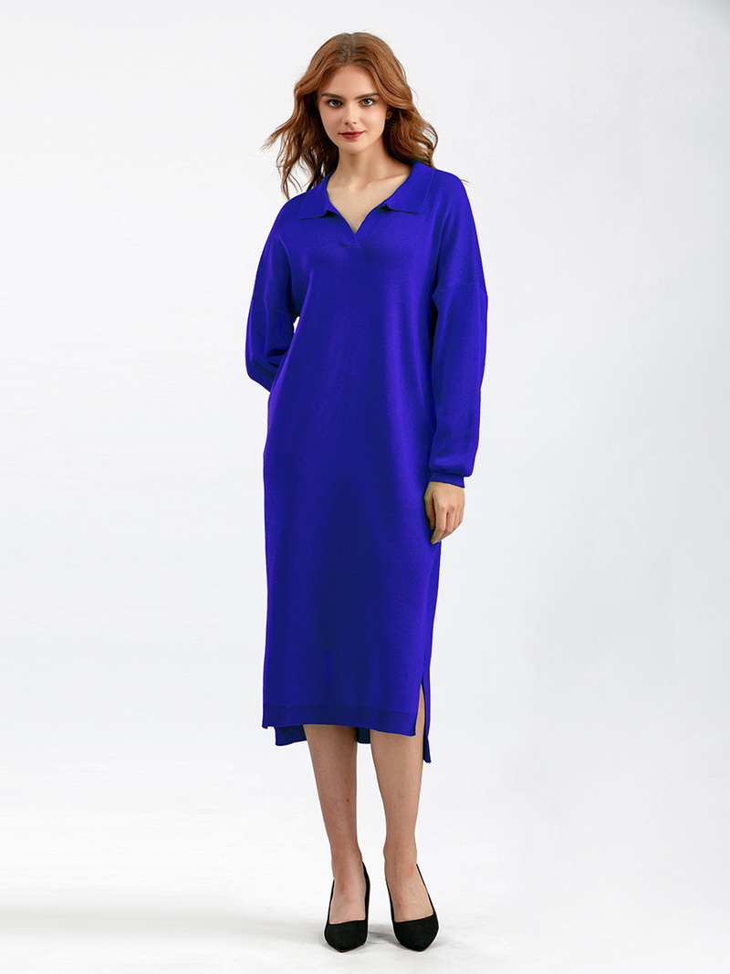 Women's Clothing autumn and winter new Polo collar bottoming knitted dress loose large size solid color ladies dress_voghion.com