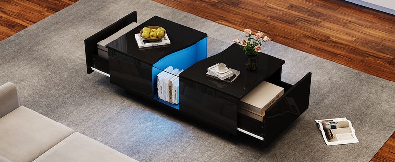 Table basse moderne à LED avec 2 tiroirs, 100 x 50 x 35 cm, plateau en acrylique noir brillant avec éclairage LED, table d'appoint en MDF pour salon et chambre._voghion.com