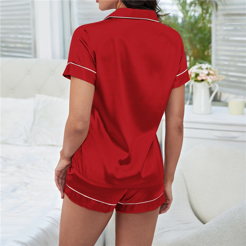 2023 Summer Damen Seid Satin Pamas Set Kuerzärmlech Shorts Zweedeeleg Pyjama-Sets Nachtkleeder Loungewear Button-Down Plus Size_voghion.com