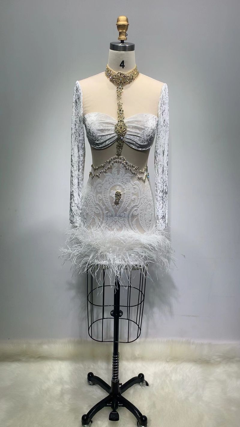 Elegant Feather-Embellished Sequin Velvet Mini Dress For Parties & Evening Events – Glamorous Off-Shoulder Long Sleeve Gown With Rhinestone_voghion.com