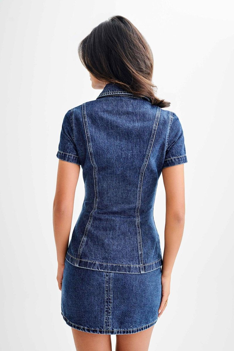 Women's Clothing Short Sleeved Denim Button Lapel Top High Waist Skirt Suit_voghion.com