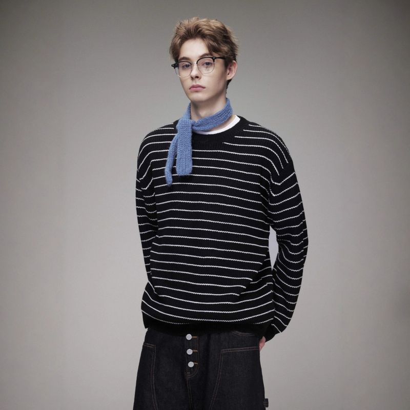 Konfuzianischer Mencius Schwarz-Weiß-gestreifter Pullover für Herren, lockerer Lazy-Style für Herbst und Winter, vielseitige, trendige Strickjacke_voghion.com