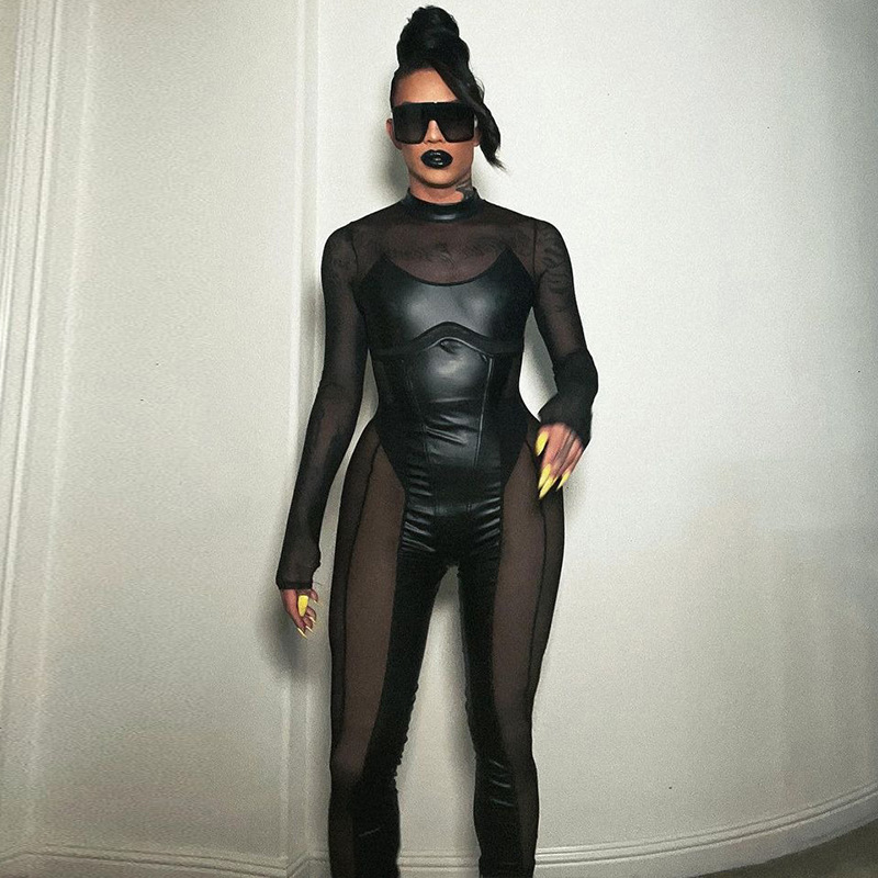 Tuta da donna a maniche lunghe con cerniera posteriore in rete patchwork con collo tondo_voghion.com