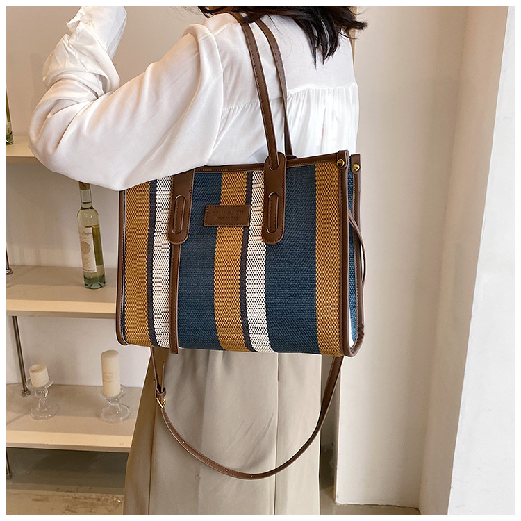 Nowa torba z grubej bawełny o dużej pojemności płócienna torba damska transgraniczny handel zagraniczny kontrastowy kolorowy pasek torba na ramię trend w modzie torba listonoszka_voghion.com