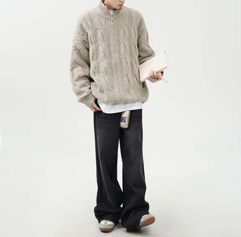 Maglione semi-dolcevita da uomo - Cardigan oversize in maglia a trecce con tessuto elasticizzato traspirante, abbigliamento unisex per l'autunno (nero/kaki/blu)_voghion.com