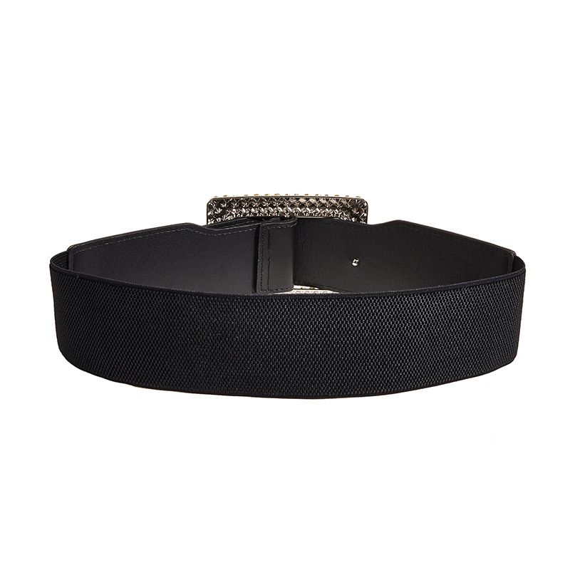 Fashion Versatile Square Buckle Wide Belt Decorative Coat Elastic Diamond Waist Seal Women's Elastic Rhinestone Belt Black_voghion.com