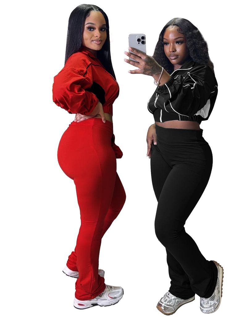 Women's Stylish Two-Tone Contrast Stitching Zip-Front Flared Pants Set – Trendy Office & Casual Outfit_voghion.com