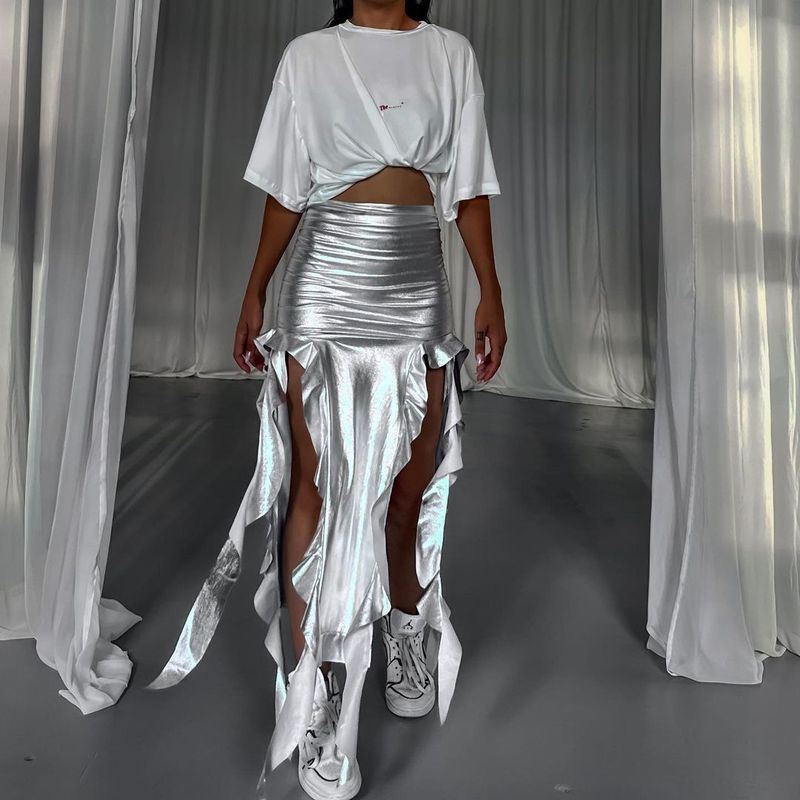 Gonna a coda di pesce in PU riflettente con nappa a nastro stile caldo da donna, gonna leggermente elastica e irregolare, gonna a mezza lunghezza, gonna alla moda_voghion.com
