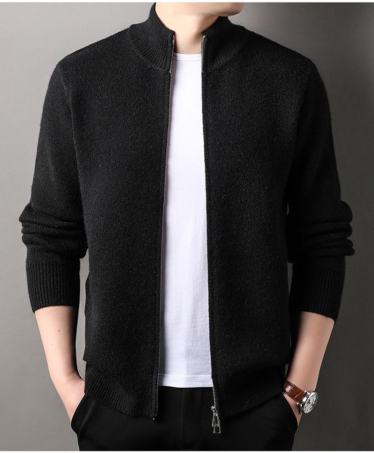 Herrenbekleidung Herren-Strickjacke mit Stehkragen und Reißverschluss – Minimalistische Strickpulloverjacke (Creme/Grau/Schwarz, M-XXXL)_voghion.com