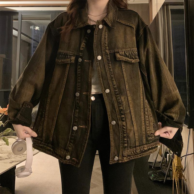 Amerikansk tvättad denim för kvinnors vårjacka i överdimensionerad design, nischjacka_voghion.com