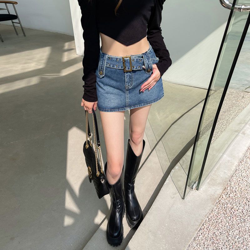 Spicy Girl Instagram Halbkörper-Denim im amerikanischen Stil für Damen, schwarzes modisches Blendschutz-Design, A-Linien-Wickel-Gesäß_voghion.com