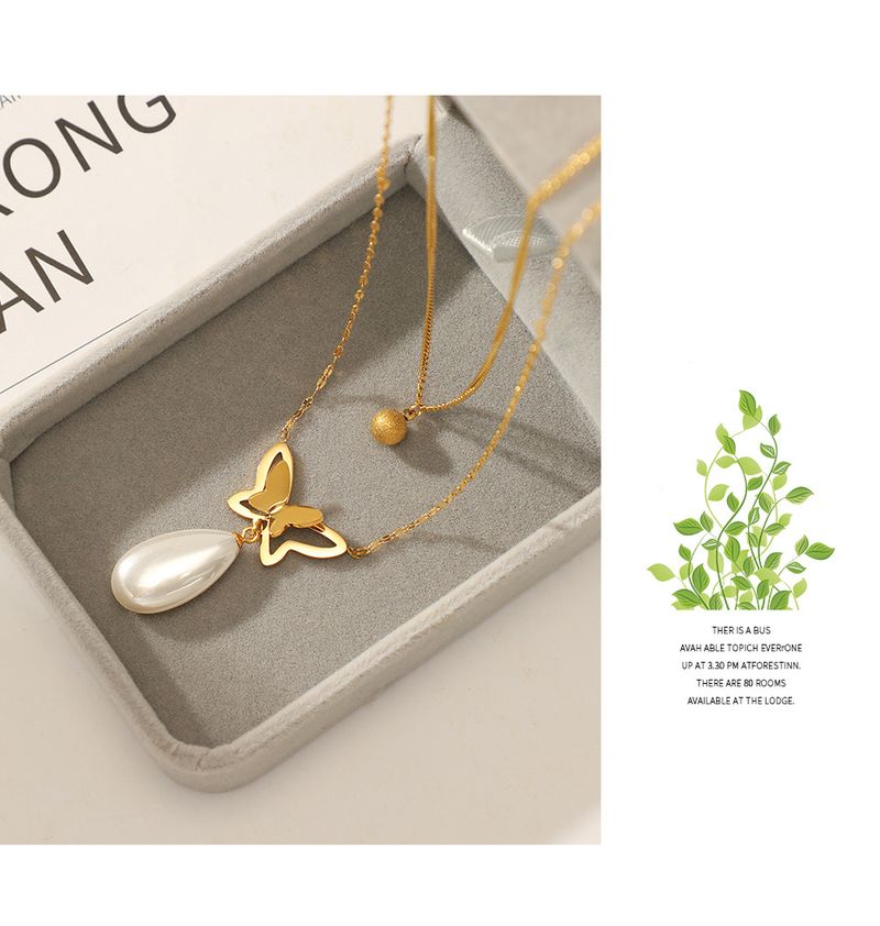14K Gold Plated Double Layer Butterfly Necklace - Pearl Pendant Stainless Steel Clavicle Chain For Women_voghion.com