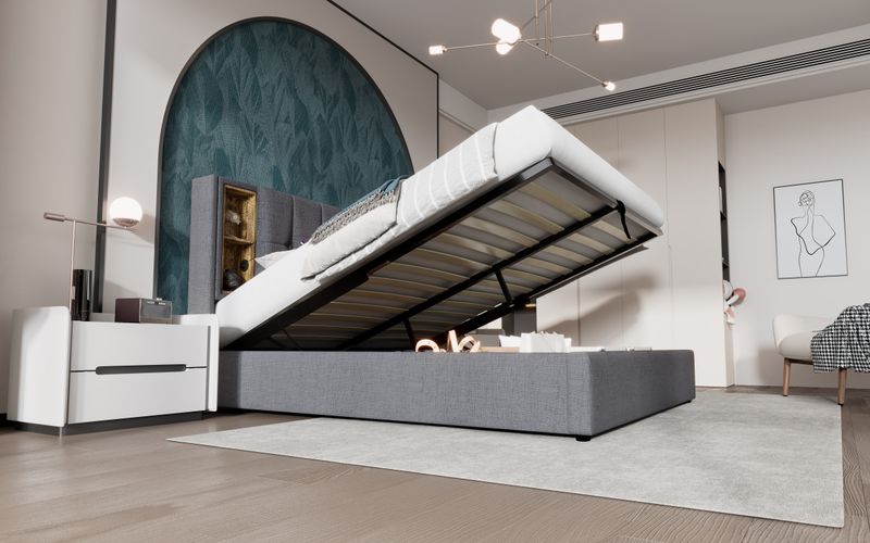 Double avec câble de chargement et USB-C, tissu 140 x 200 cm, support avec support, bois de roseau, gris, tapis inclus_voghion.com