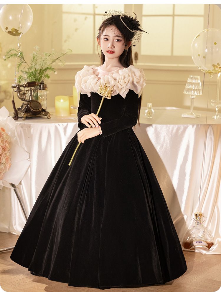 Abito da principessa in velluto francese - Abito formale a maniche lunghe per recital di pianoforte e occasioni speciali_voghion.com