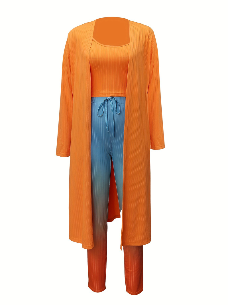 Damenbekleidung Dreiteiliges Set aus Jacke und Hose mit Windjacke für Damen und bedrucktem Farbverlauf in Kontrastfarbe_voghion.com