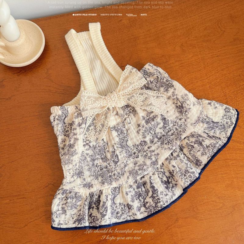 Vêtements pour animaux de compagnie chien chat printemps été français floral nœud papillon Teddy Bichon petit moyen chiens sangle robe_voghion.com