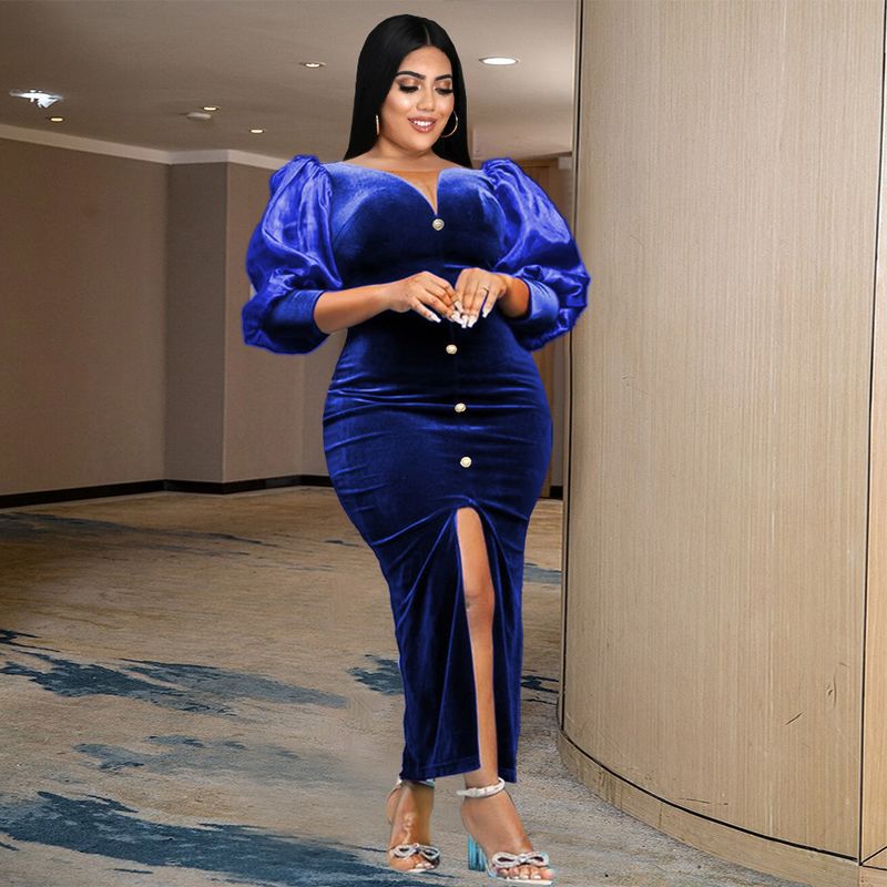 Női ruházat Plus size lámpás ujjú hasított ruha Új őszi világos, érett stílusú V-nyakú ruha vintage ruha_voghion.com