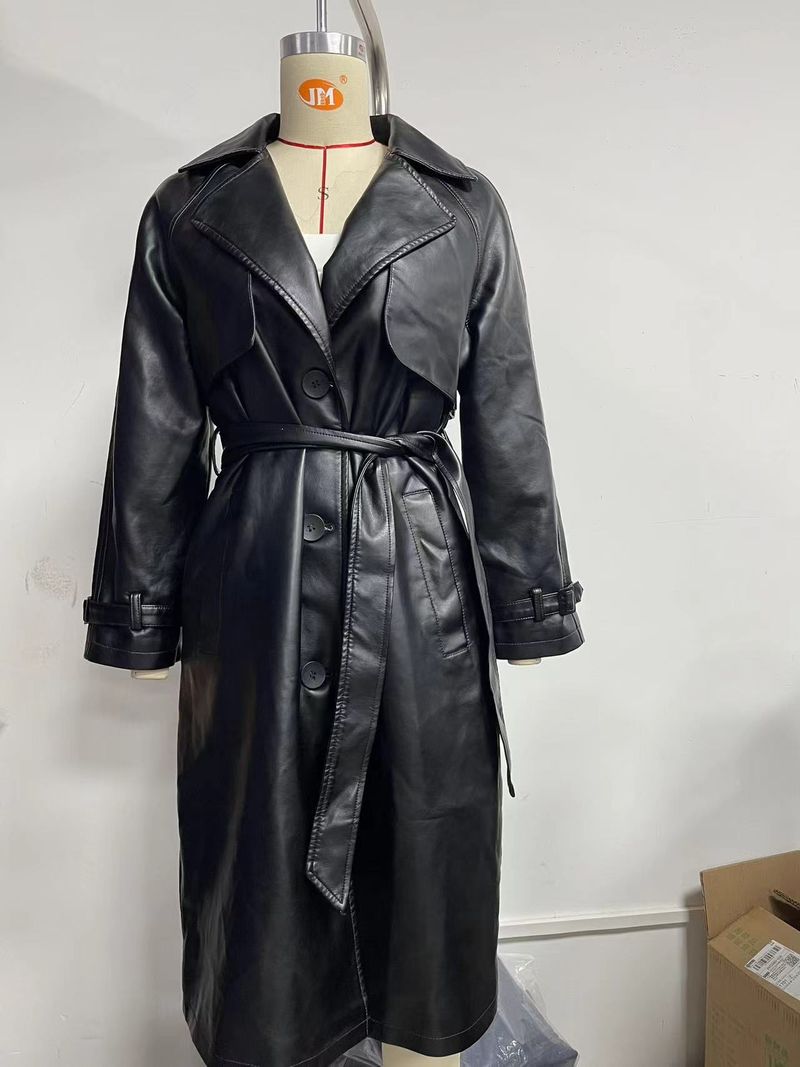 Trench lungo e largo in PU, classico oversize, con colletto rovesciato, da donna, in pelle, primavera e autunno_voghion.com