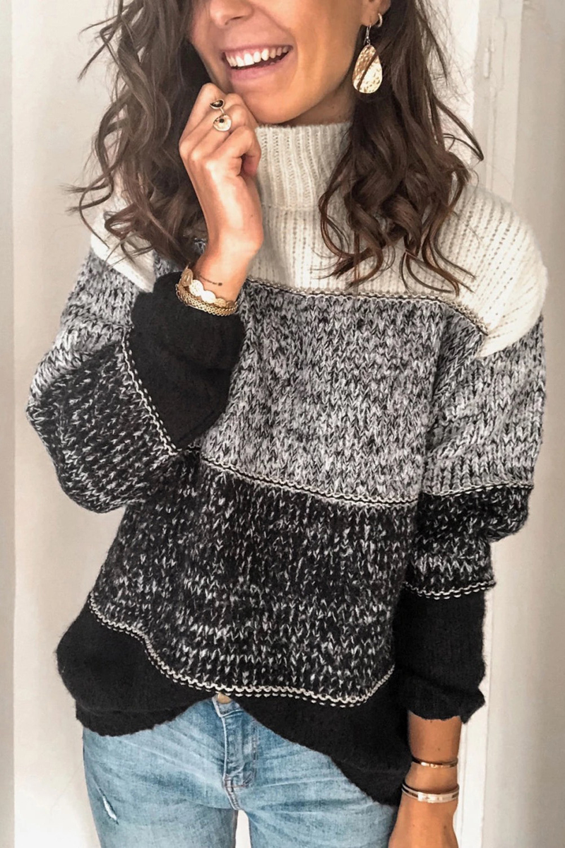 Damen-Strickpullover mit lässigem Oberteil in verschiedenen Farben, gestreiften Nähten und hohem Kragen in Kontrastfarbe_voghion.com