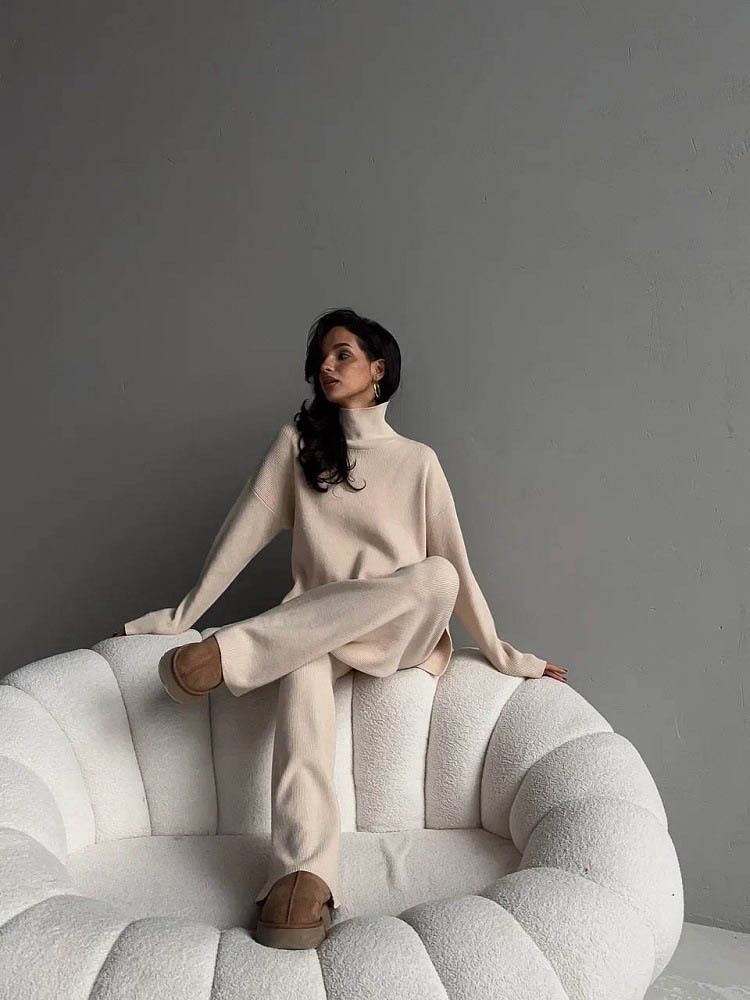 Women's High-Neck Knit Sweater & Pants Set - Long Sleeve Solid Color Lounge Outfit, Elegant Two-Piece Ensemble (Black/Beige, S/M/L/XL)_voghion.com