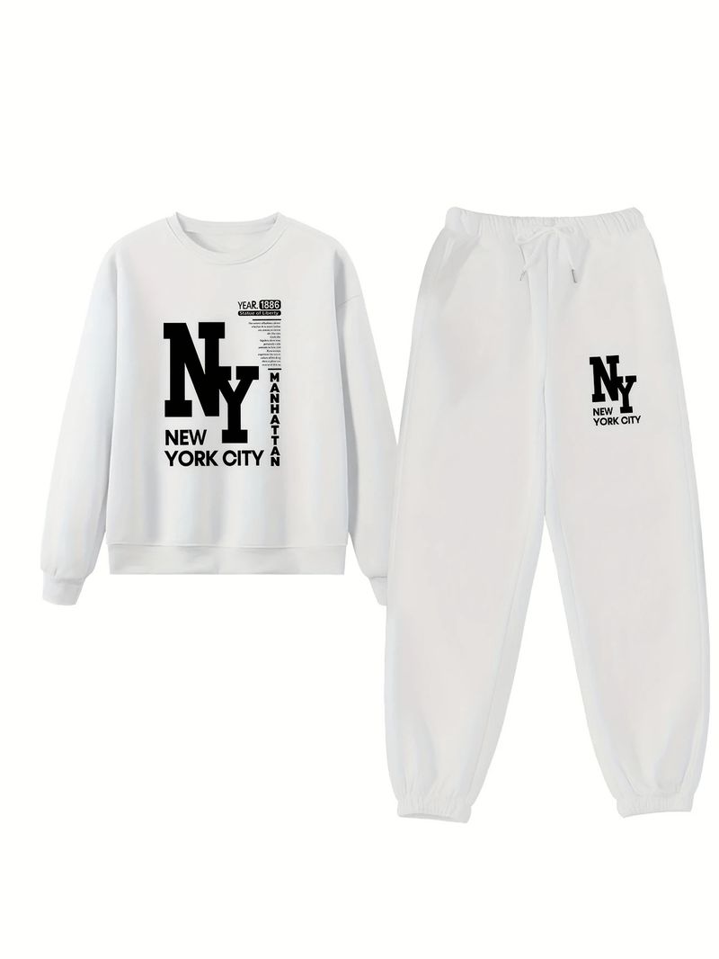 Women's Printed Two Piece Tracksuit, Long Sleeve Pullover Top And Drawstring Waist Pants, Casual Sportswear For Spring And Fall_voghion.com