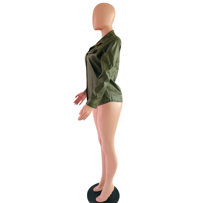 Maglietta a maniche lunghe in PU casual alla moda da donna_voghion.com