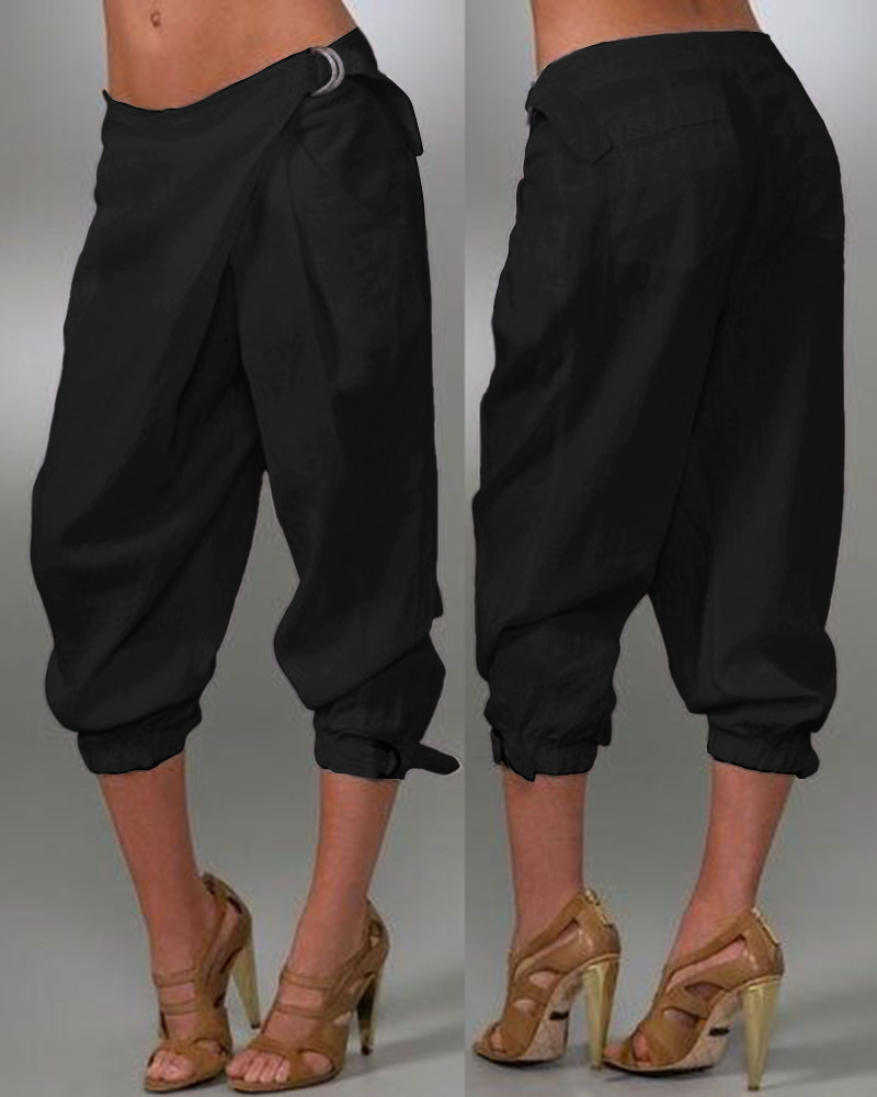 Pantaloni cropped casual da donna tinta unita dal taglio irregolare con cinturini_voghion.com